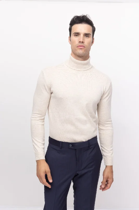 Roll Neck Knit Sweater - Beige