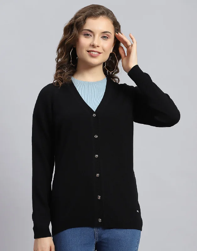 Women Black Solid V Neck Full Sleeve Cardigan