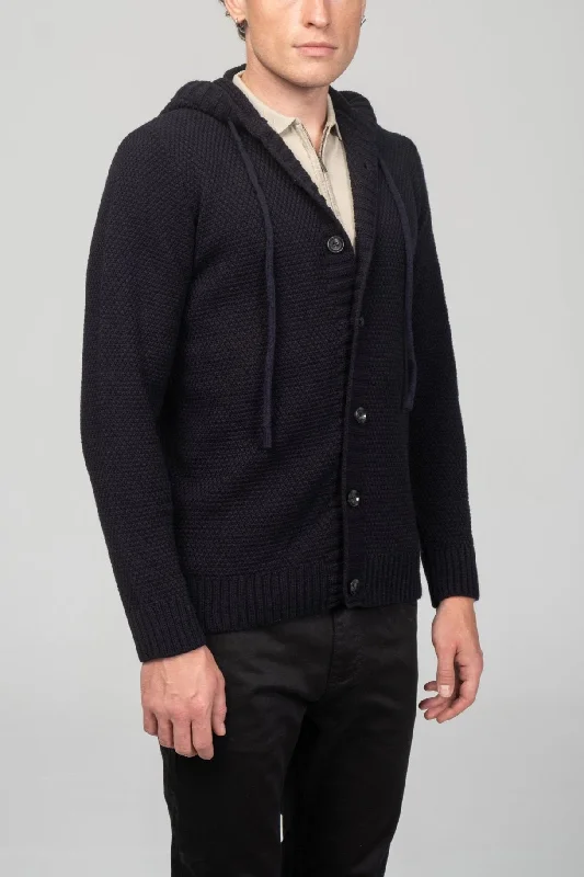 Full Button Up Waffled Cardigan - Navy