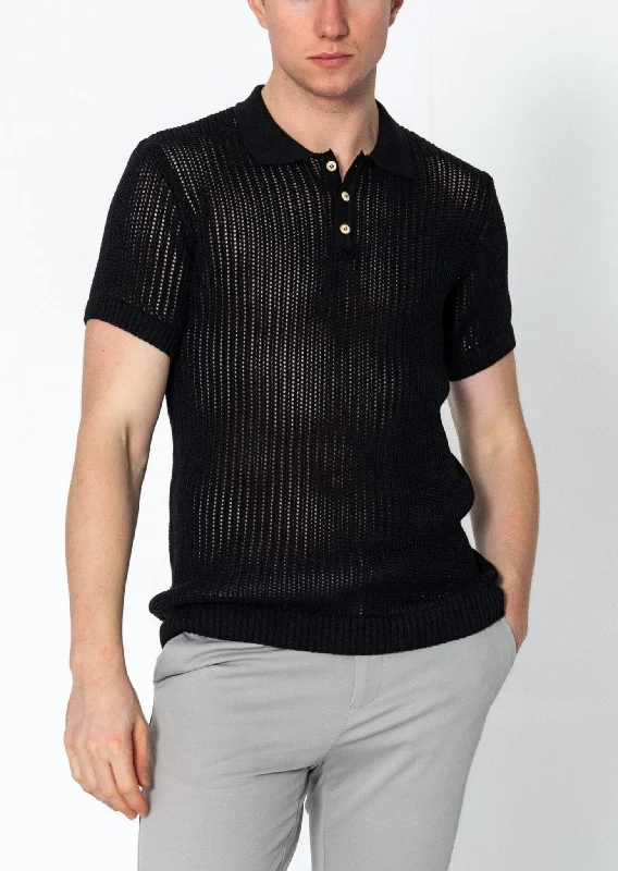 Openwork Knit Polo Tee - Black