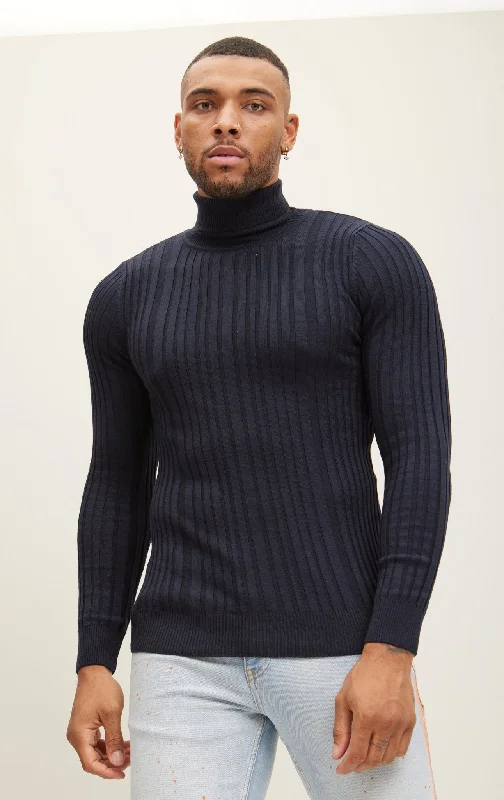 Roll Neck Ribbed Sweater - Navy