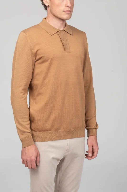 Two Button Down Polo Sweater  - Camel