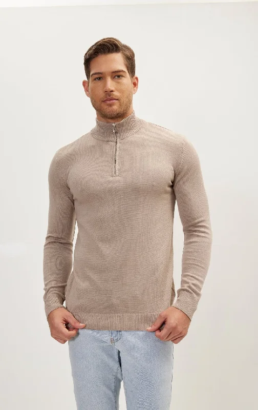 Quarter Zipper Mock Neck Ribbed Sweater - Beige