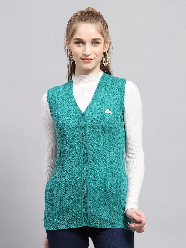 Women Green Self Design V Neck Sleeveless Cardigan