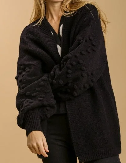 Black Cardigan with Pom Pom Sleeves