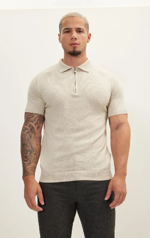 Zipper Closure Lightweight Polo Tee - Beige