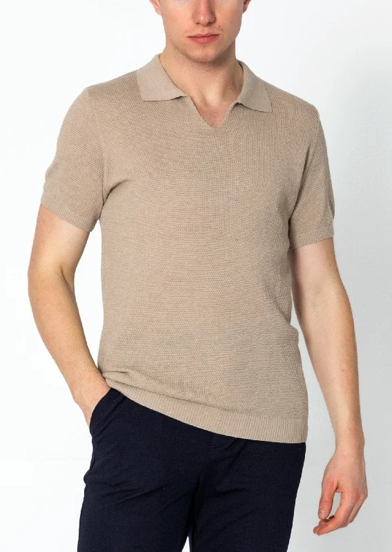 Jersey Knit V-neck Polo - Stone