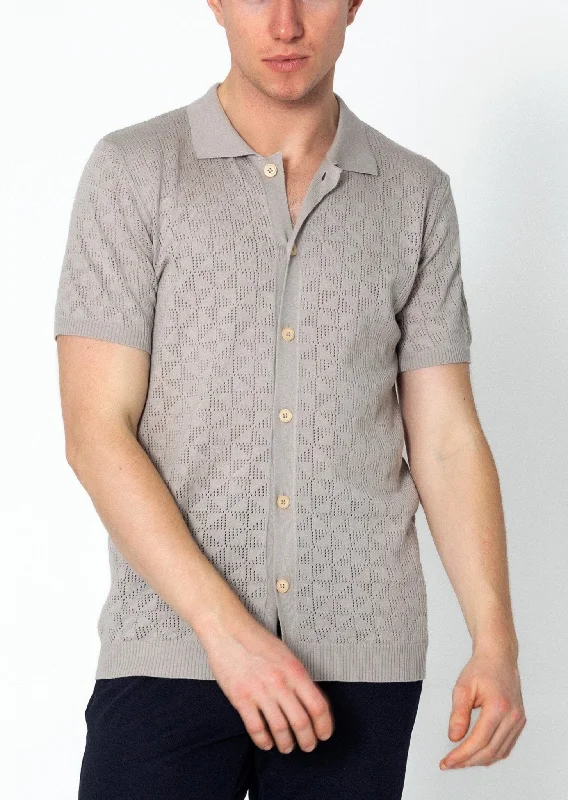 Geometric Crochet Knit Polo - Grey