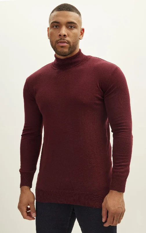 Roll Neck Knit Sweater - Burgundy