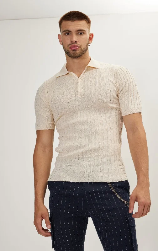 Ribbed Short Sleeve Polo Neck T-Shirt - Beige