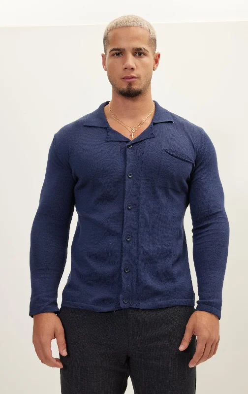 Long Sleeve Knit Button Down - Navy