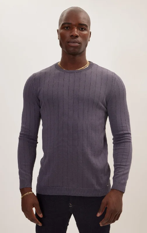 Slip-Stitch Crew Neck Long Sleeve Sweater - Anthracite