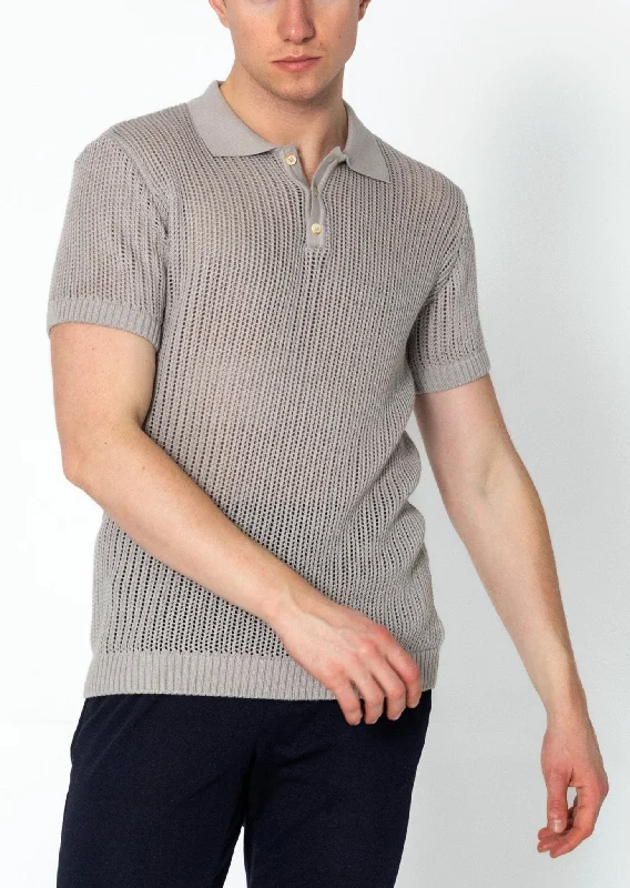 Openwork Knit Polo Tee - Grey