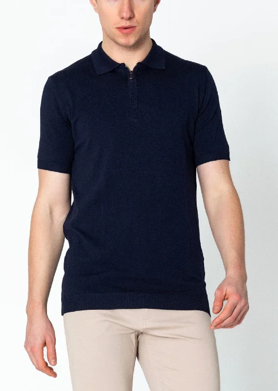 Zipper Closure Lightweight Polo Tee - Navy