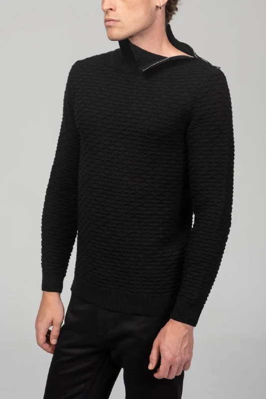 Neck Zipper Honeycomb Sweater - Black