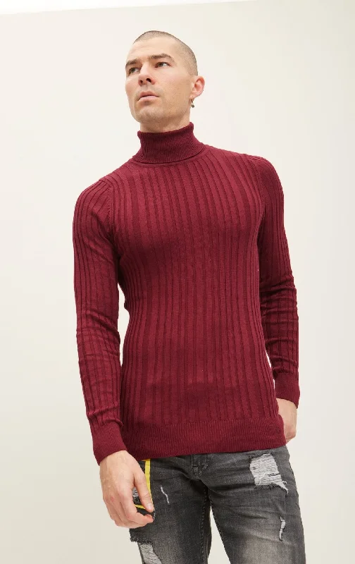 Roll Neck Ribbed Sweater - Burgundy