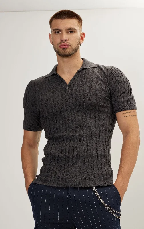 Ribbed Short Sleeve Polo Neck T-Shirt - Anthracite