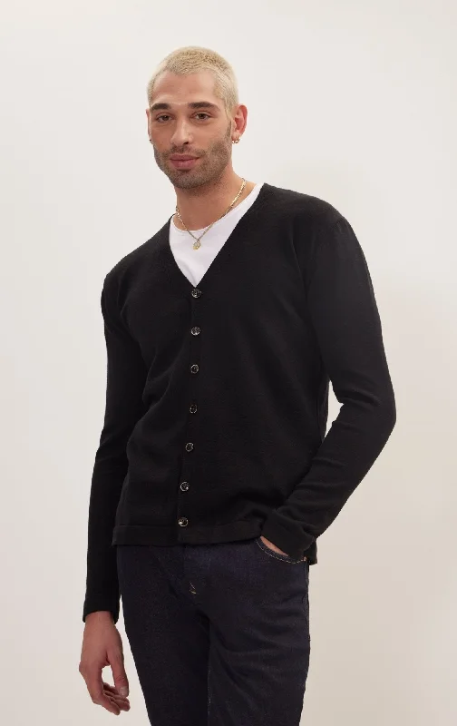 Classic V-neck Button Front Knit Shirt - Black