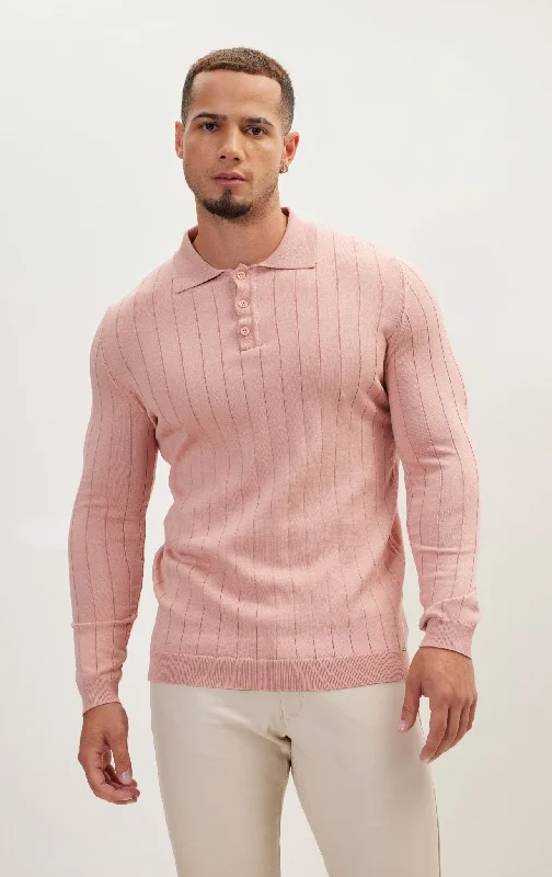 Slip-Stitch Polo Neck Long Sleeve Sweater - Rose