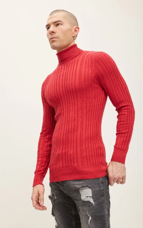 Roll Neck Ribbed Sweater - Red