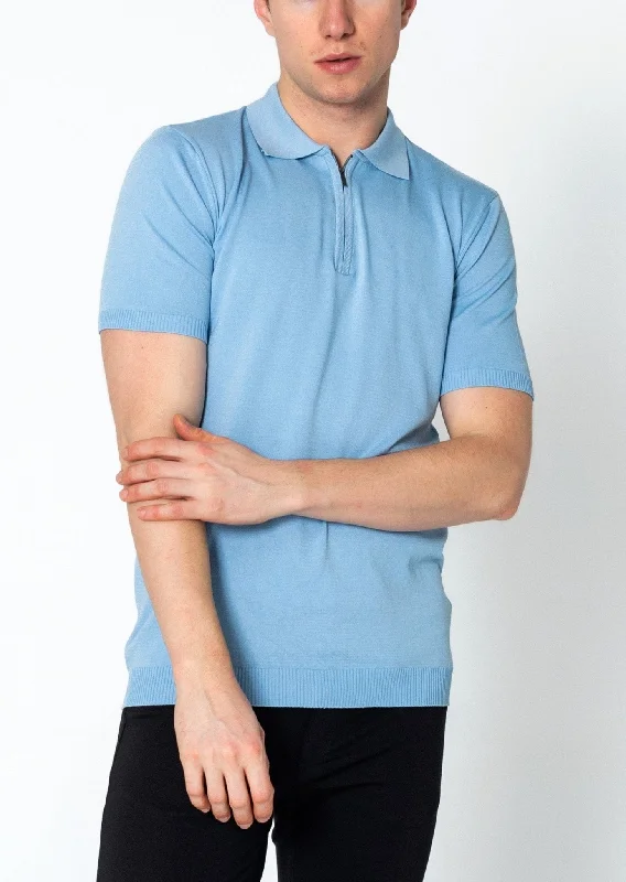 Zipper Closure Lightweight Polo Tee - Blue