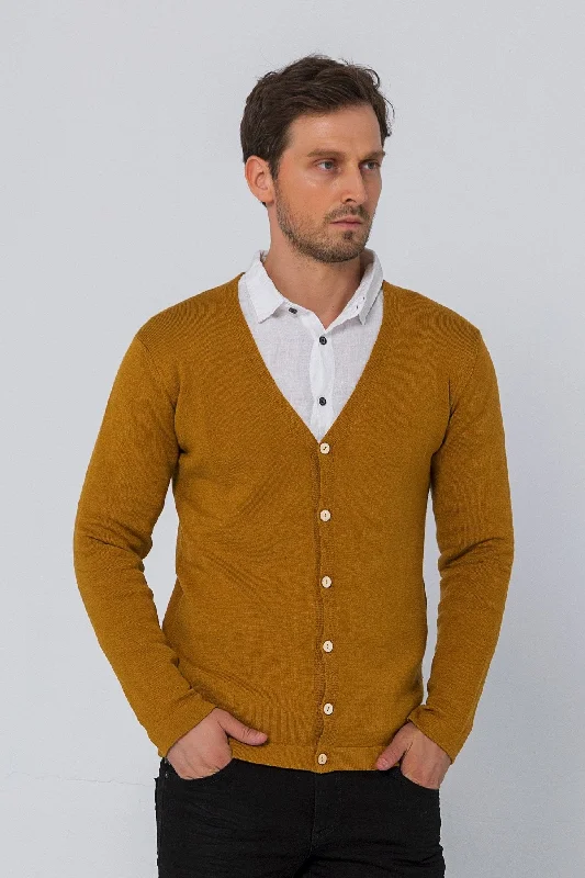 Classic V-neck Button Front Knit Shirt - Mustard