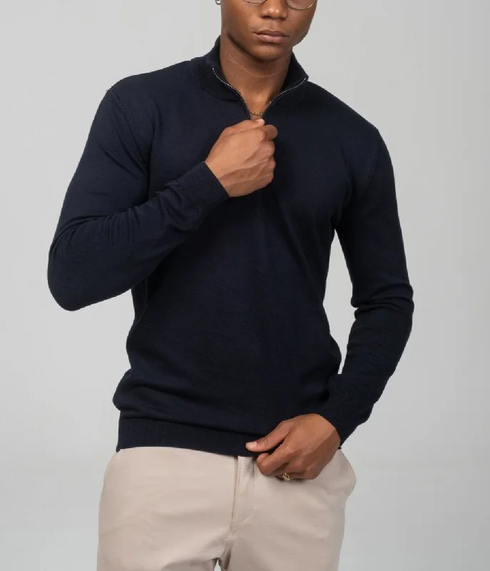 Zipper Closure Mock Neck Sweater - Navy