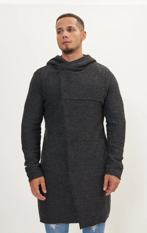 Asymmetric Hooded Long Cardigan - Anthracite