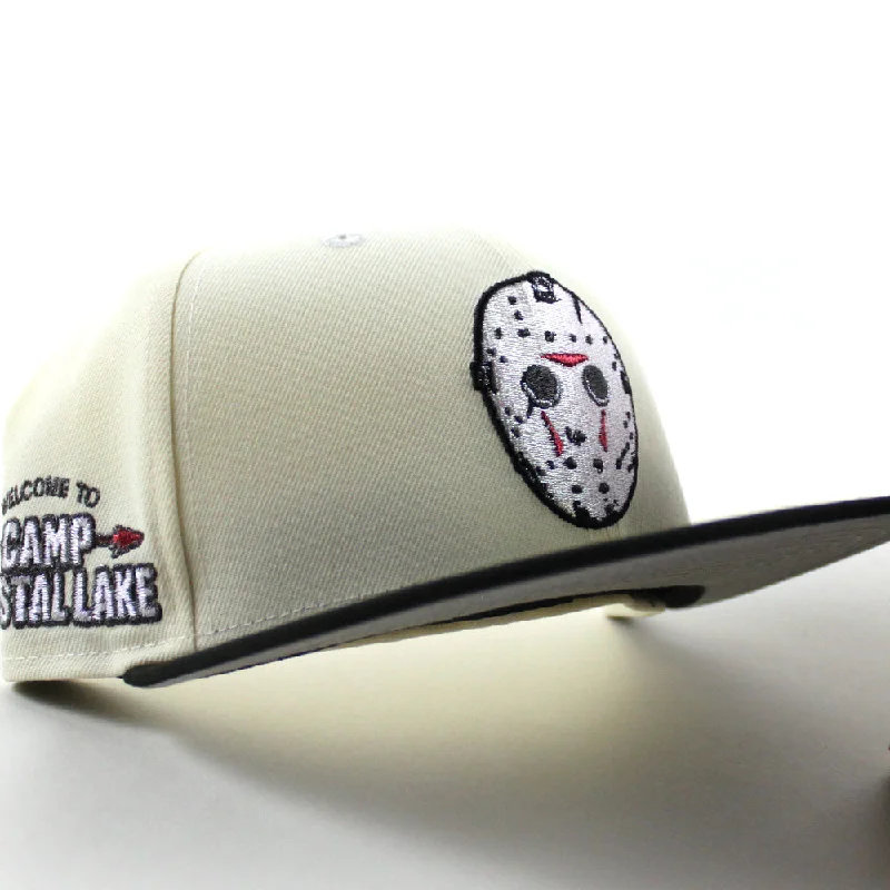 Friday the 13th Jason Mask Camp Crystal Lake Patch New Era 59Fifty Fitted Hat (Chrome White Black Gray Under Brim)