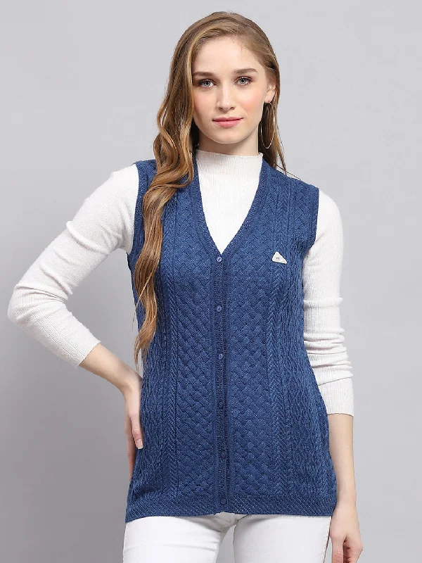 Women Blue Self Design V Neck Sleeveless Cardigan