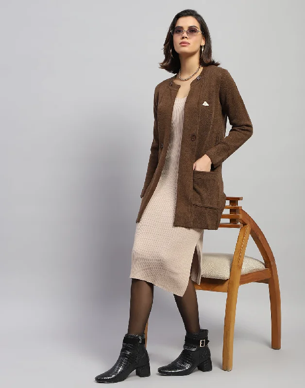 Women Brown Self Design Round Neck Full Sleeve Cardigan