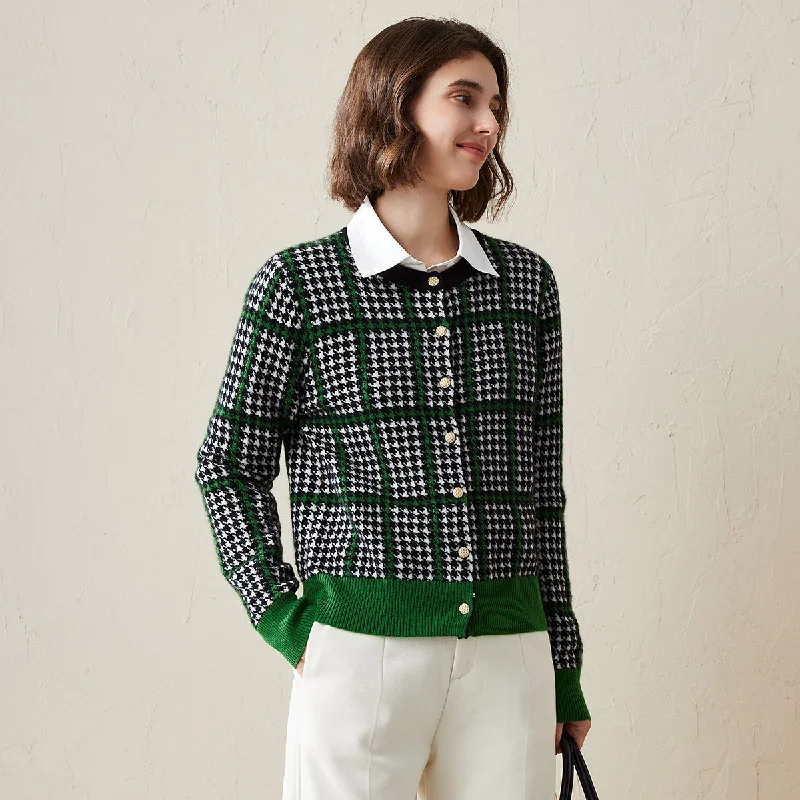 100% Cashmere Houndstooth Plaid Knit Cardigan