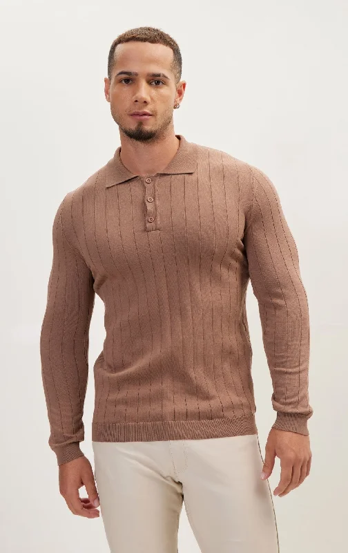 Slip-Stitch Polo Neck Long Sleeve Sweater - Light Brown