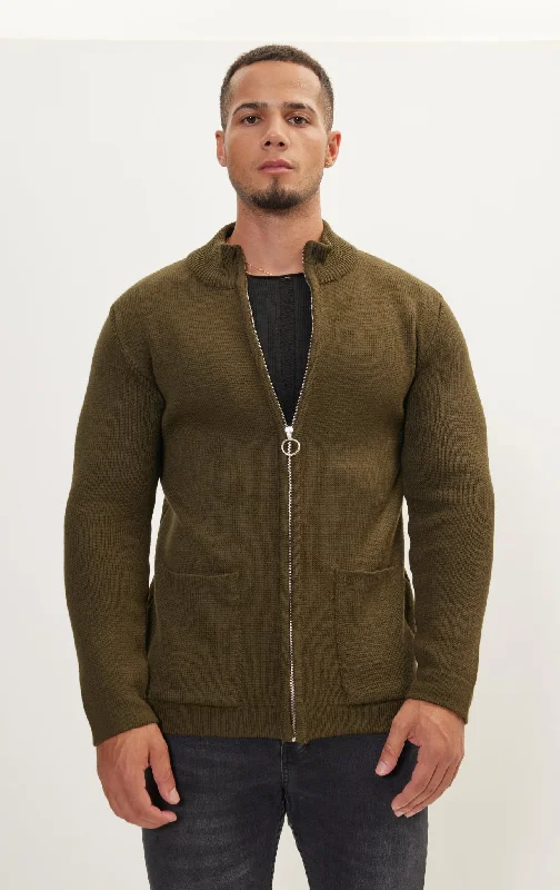 Zipper Up Cardigan - Khaki