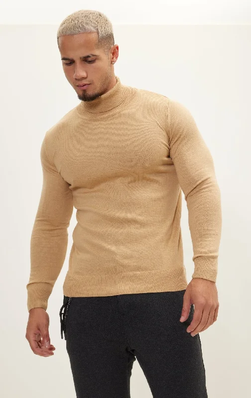 Roll Neck Knit Sweater - Camel