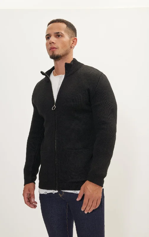 Zipper Up Cardigan - Black