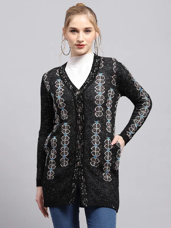 Women Black Self Design V Neck Full Sleeve Cardigan