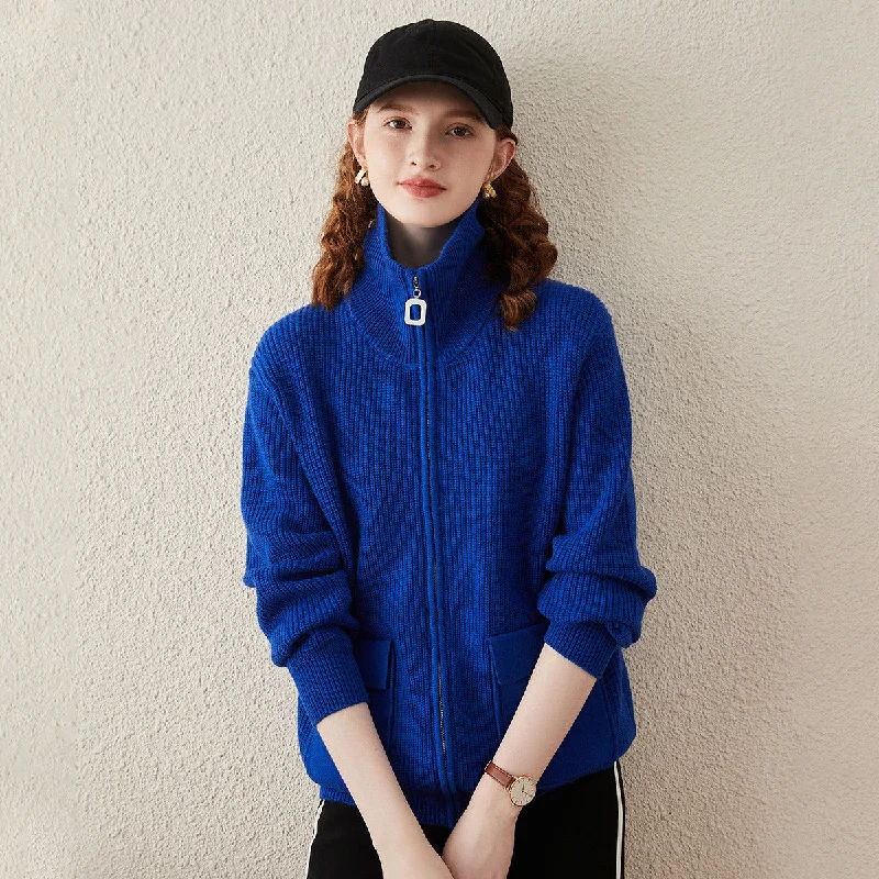 100% Wool Knit Zipper Cardigan with Pockets