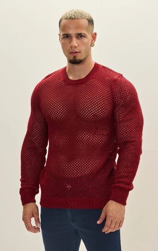 See Through Fishnet Muscle Fit Shirt - Burgundy