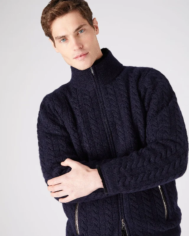 Men's Aspen Cashmere Cable Fur Cardigan Navy Blue