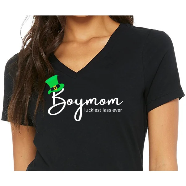 Boymom Luckiest Lass - Black V-Neck Tee