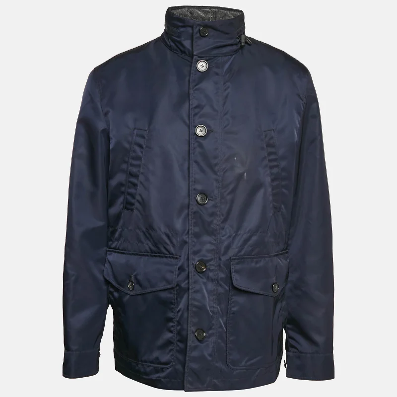 Burberry Navy Blue Synthetic Leather Trim Hooded Jacket