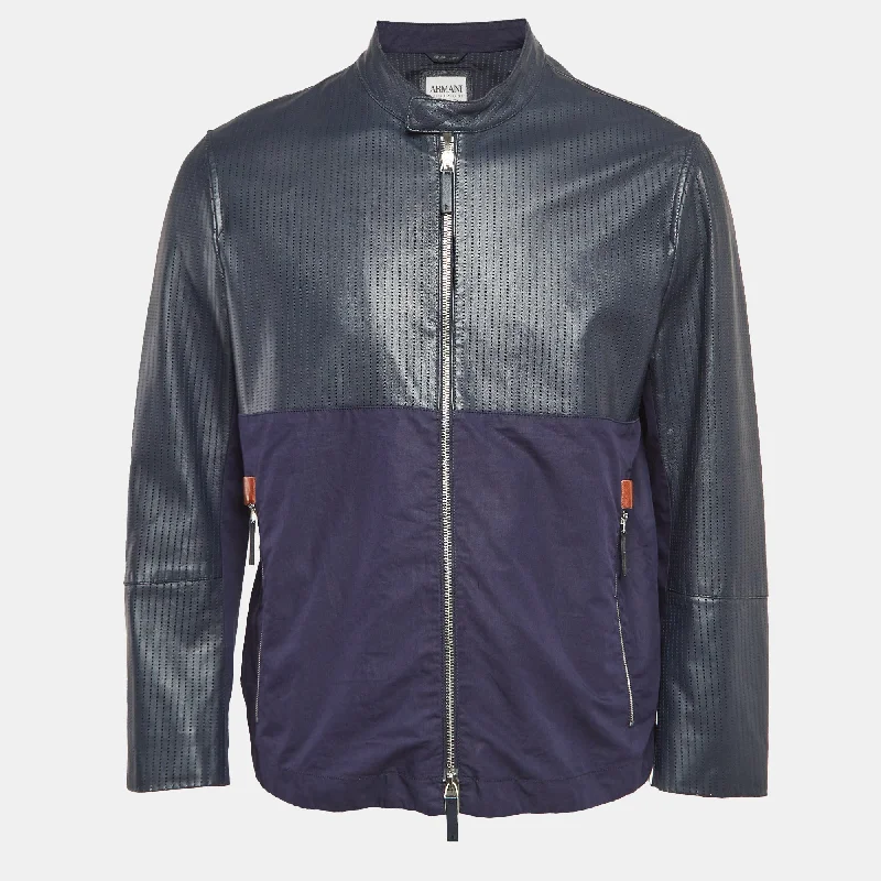 Armani Collezioni Blue Perforate Leather And Cotton Zip-Up Jacket