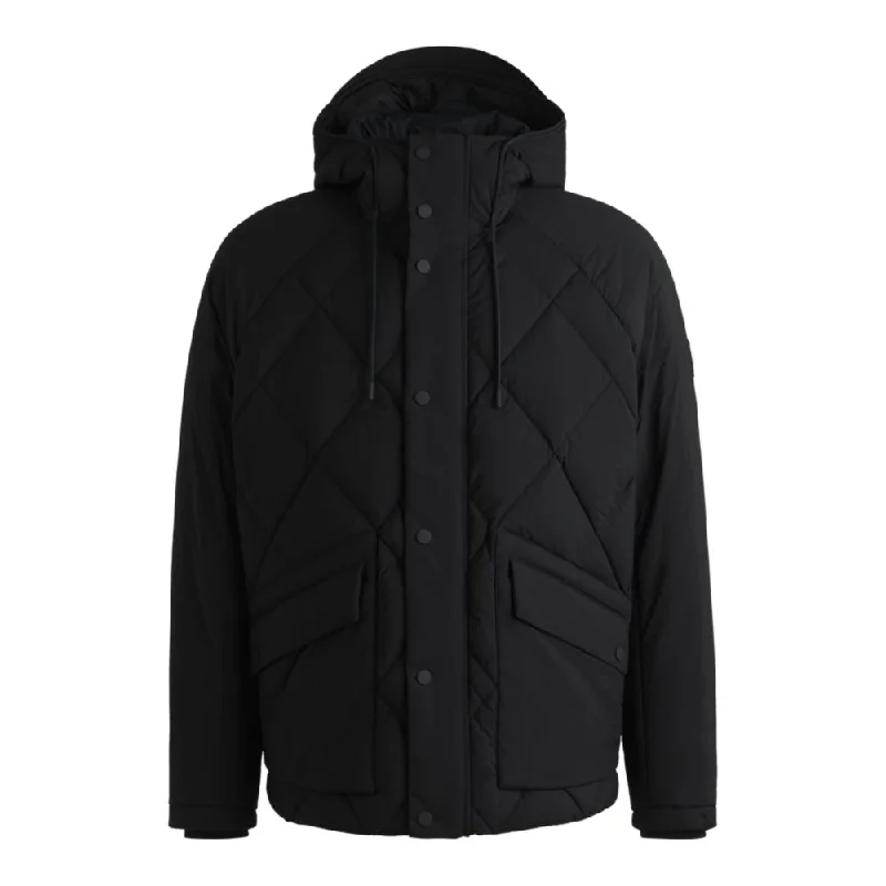 Down jacket in comfort-stretch ripstop with hooded collar