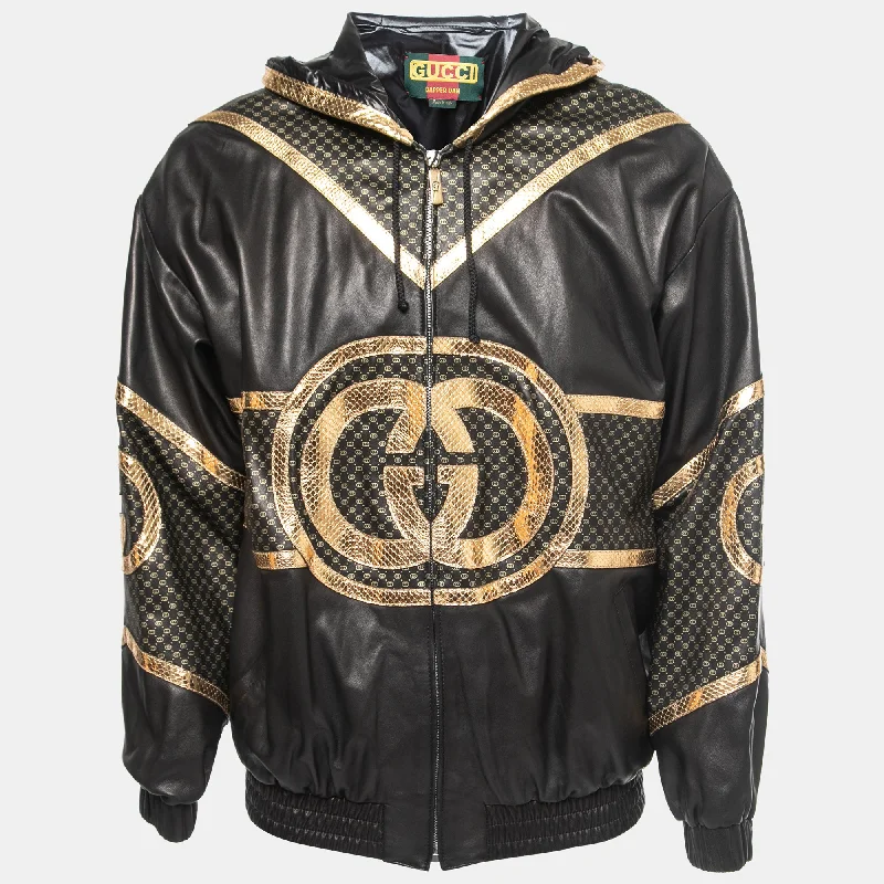 Gucci Dapper Dan Black & Gold Leather Logoed Hooded Jacket