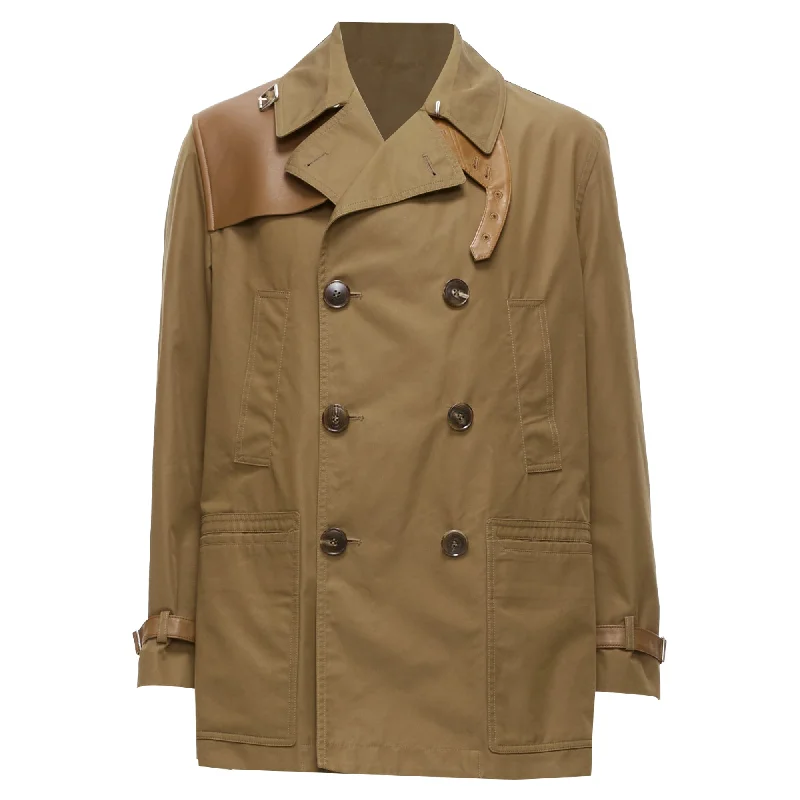 Gucci Leather Trimmed Cotton Wool Blend Lined Trench Coat