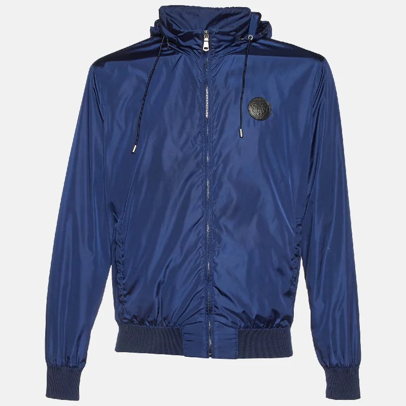 Gucci Navy Blue Nylon Zip-Up Hooded Jacket