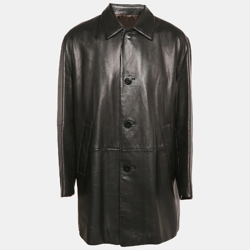 Loewe Black Leather Button Front Coat