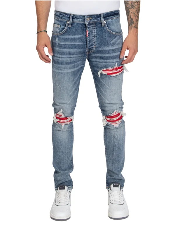 RED RIPPED BIKER JEANS, RED LABEL | DENIM